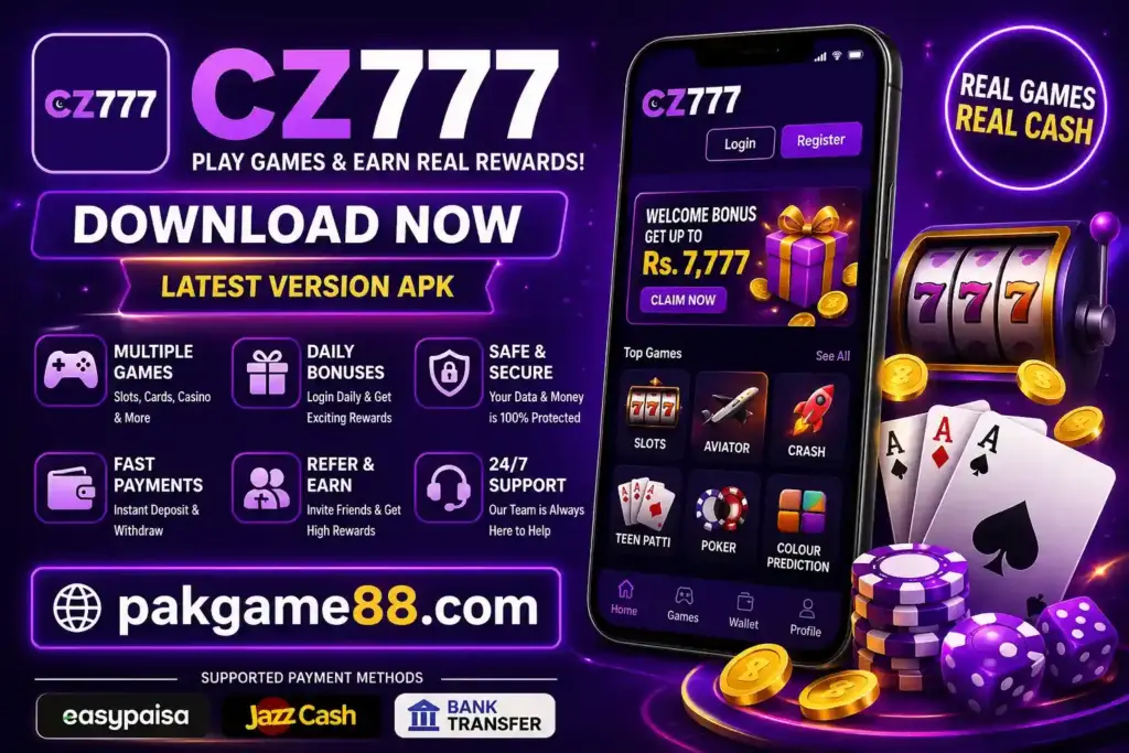 CZ777 Game download APK latest version banner with Pakgame88.com, login register screen, bonuses, secure payments and casino style games in Pakistan